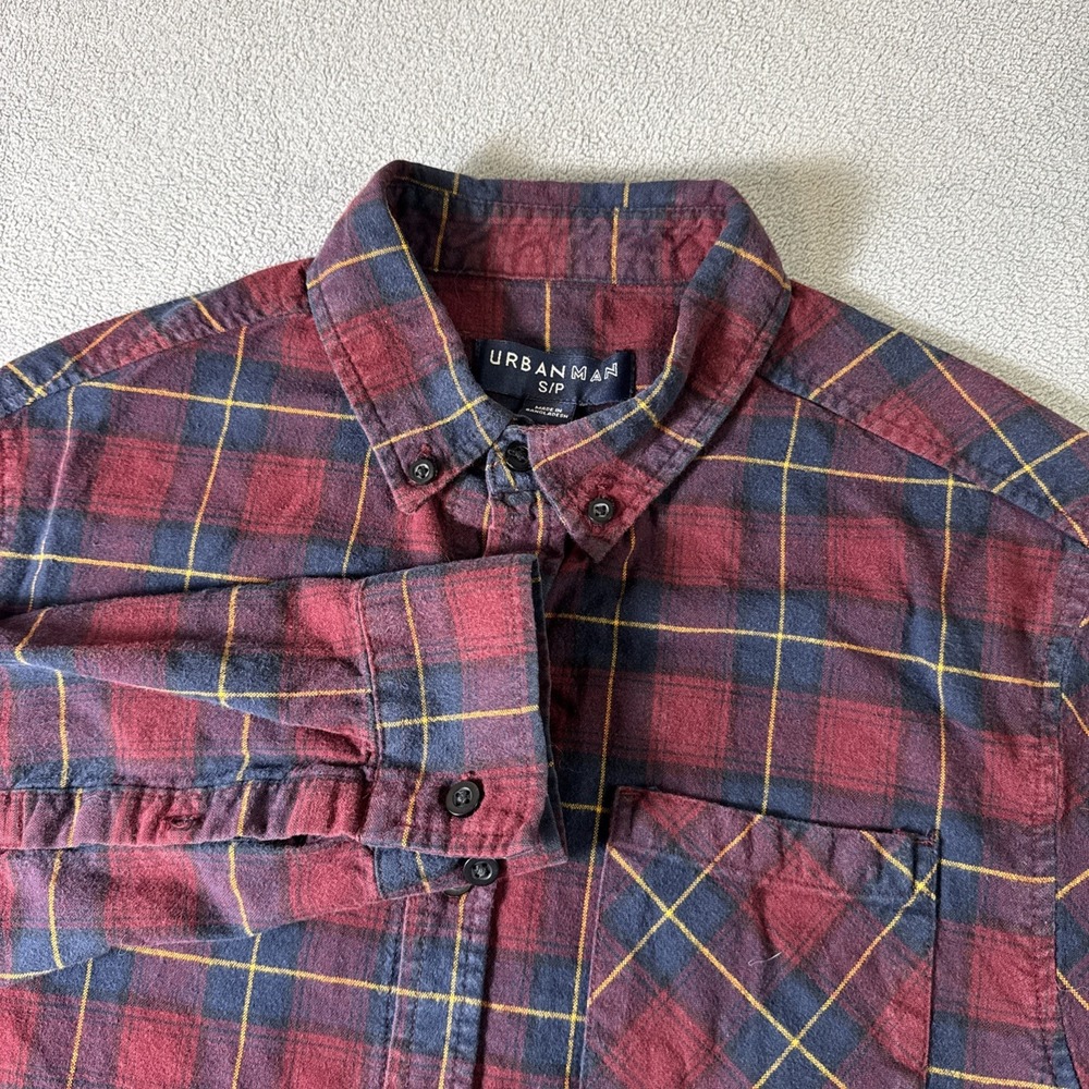 URBAN MAN Flannel Shirt Mens Small Red Blue Plaid Long Sleeve Button Up